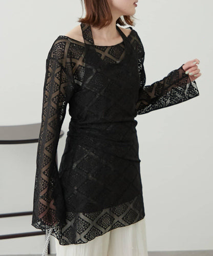 【柳樹】層疊蕾絲露背高領連衣裙