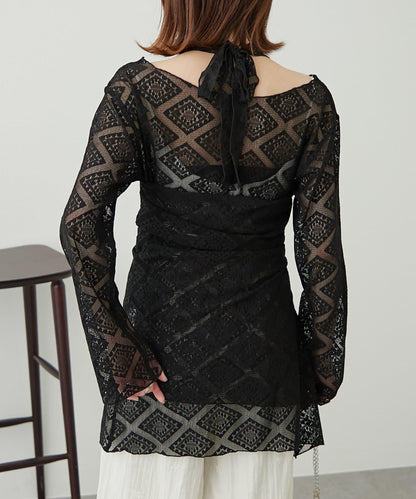 【柳樹】層疊蕾絲露背高領連衣裙