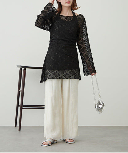 【柳樹】層疊蕾絲露背高領連衣裙