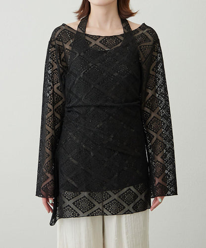 【柳樹】層疊蕾絲露背高領連衣裙