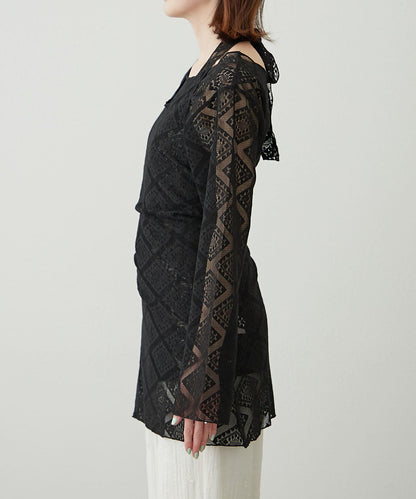 【柳樹】層疊蕾絲露背高領連衣裙