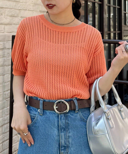 【柳樹】透孔編織緊身短袖針織衫