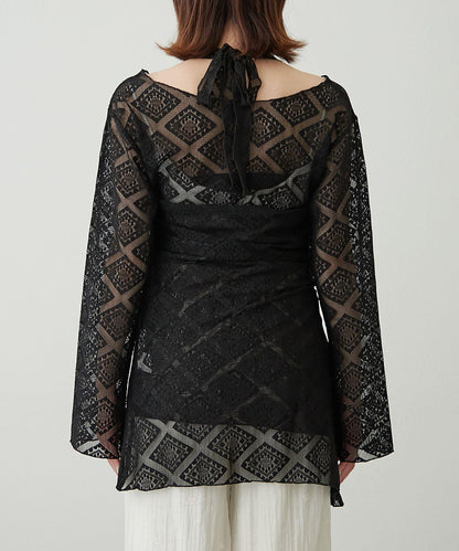 【柳樹】層疊蕾絲露背高領連衣裙