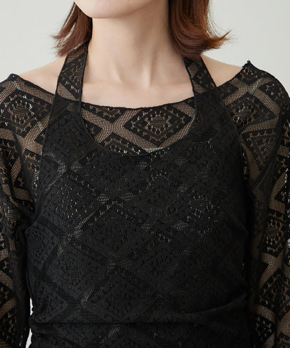 【柳樹】層疊蕾絲露背高領連衣裙