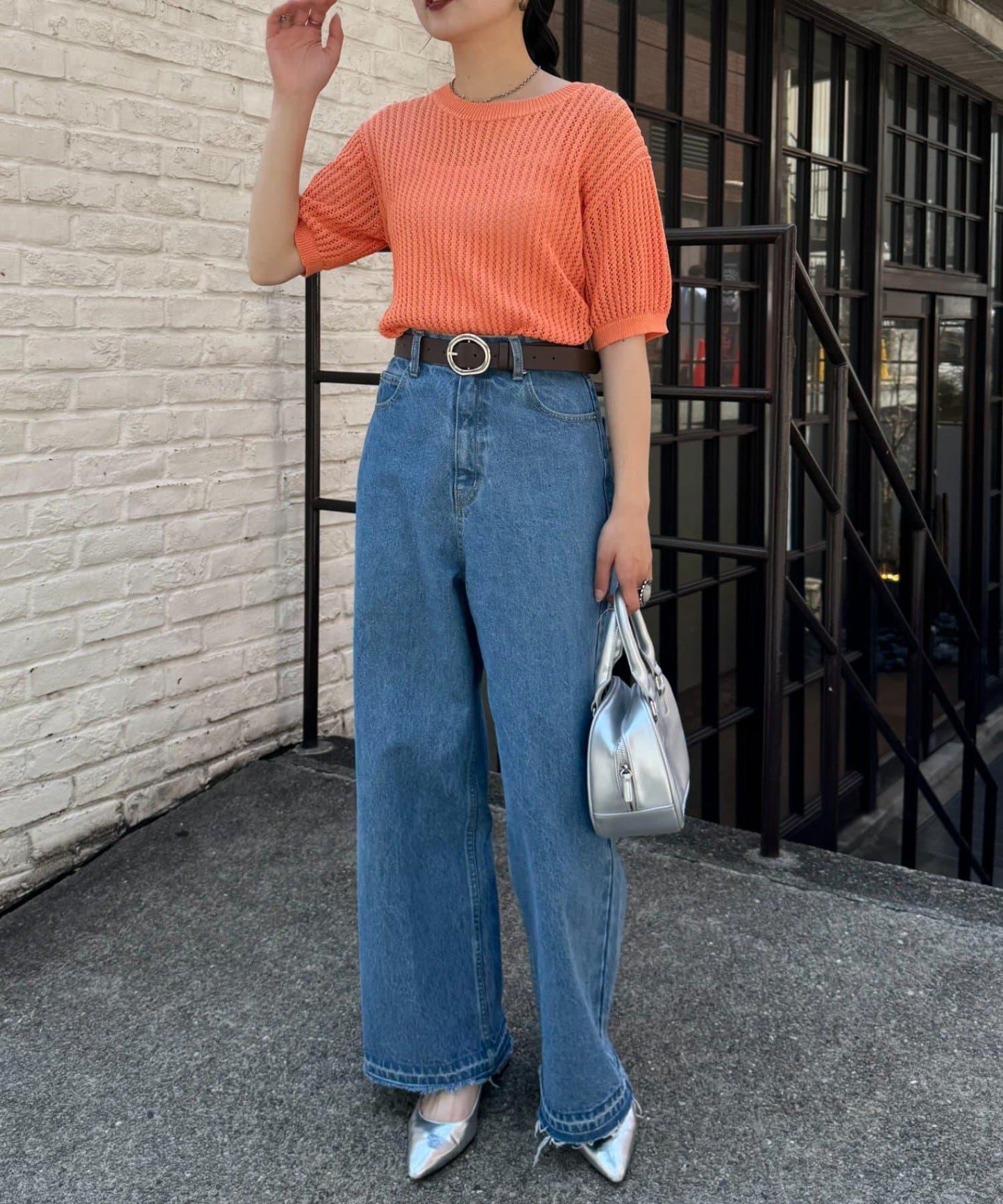 【柳樹】透孔編織緊身短袖針織衫