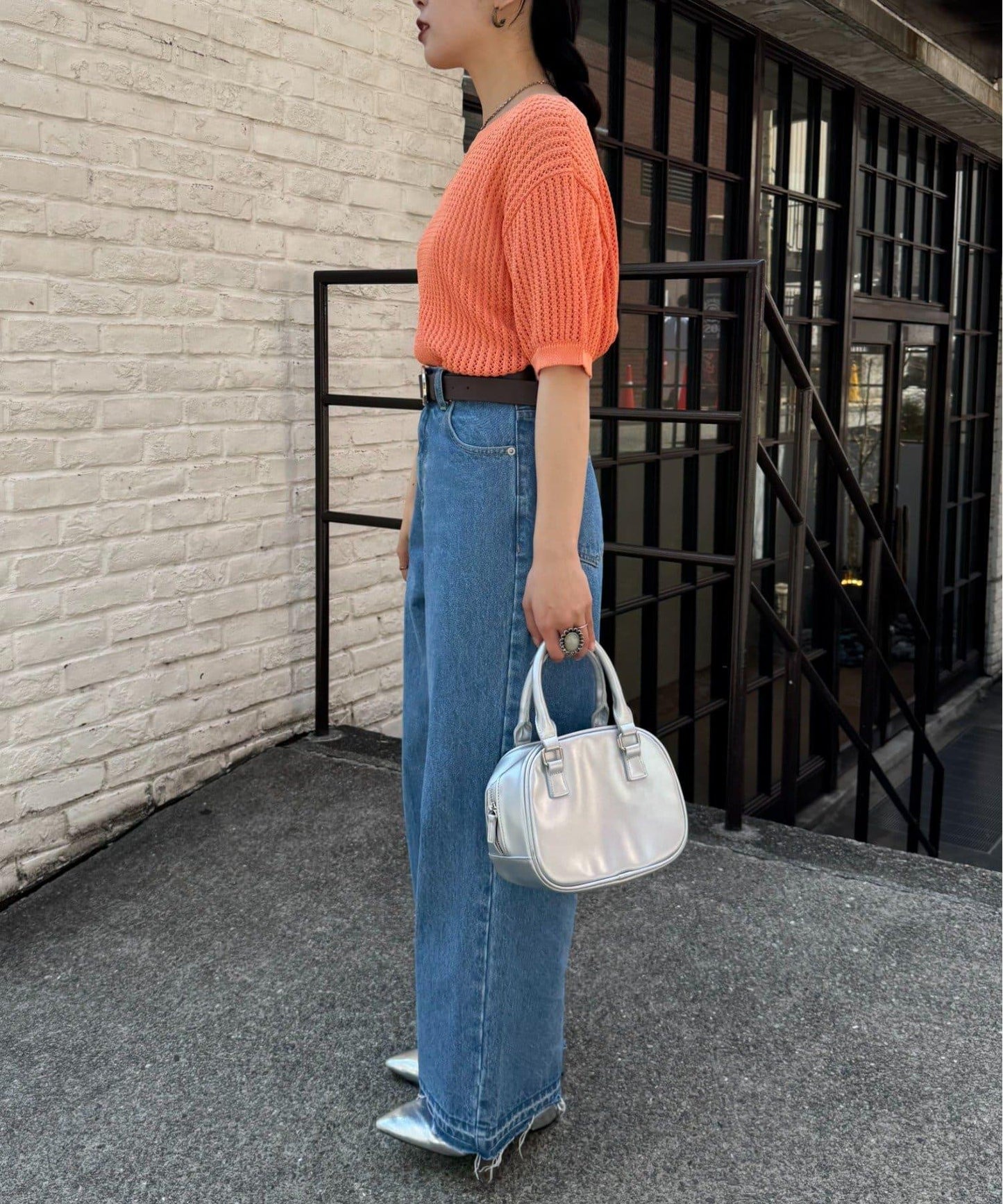 【柳樹】透孔編織緊身短袖針織衫