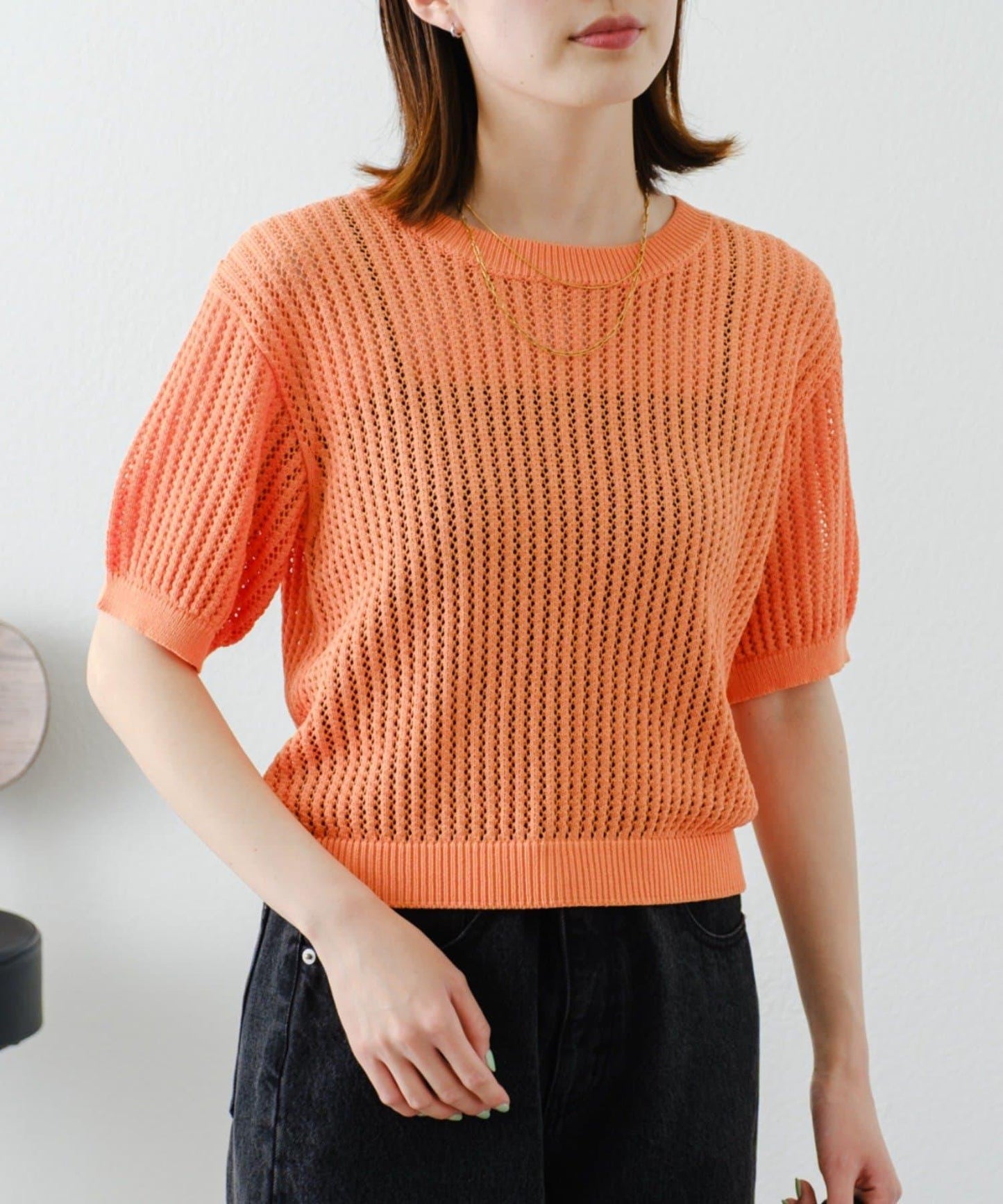【柳樹】透孔編織緊身短袖針織衫