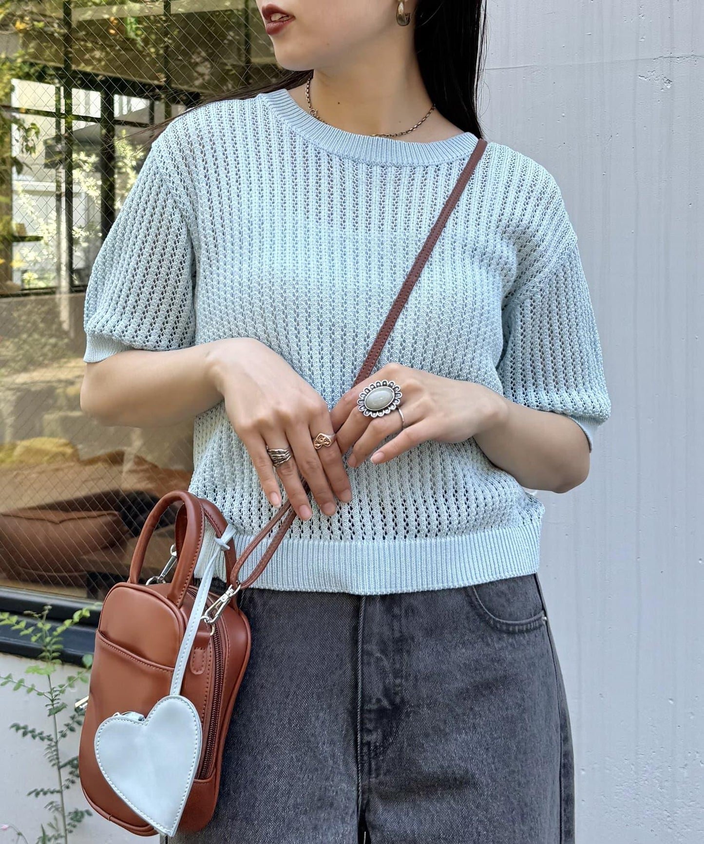 【柳樹】透孔編織緊身短袖針織衫