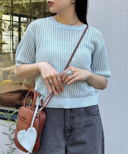 【柳樹】透孔編織緊身短袖針織衫