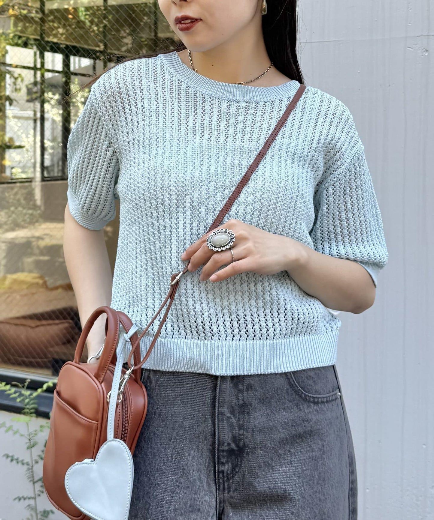 【柳樹】透孔編織緊身短袖針織衫