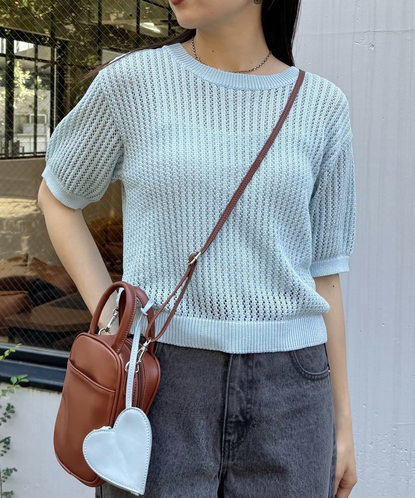 【柳樹】透孔編織緊身短袖針織衫