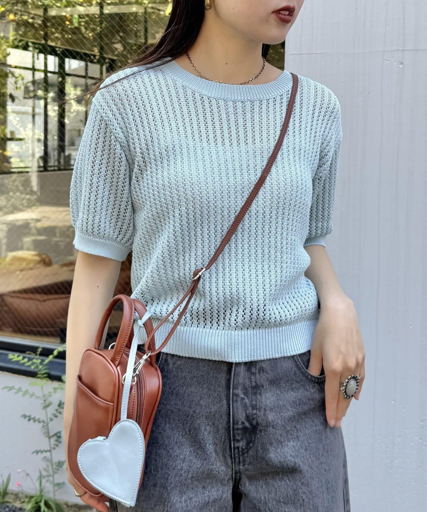 【柳樹】透孔編織緊身短袖針織衫