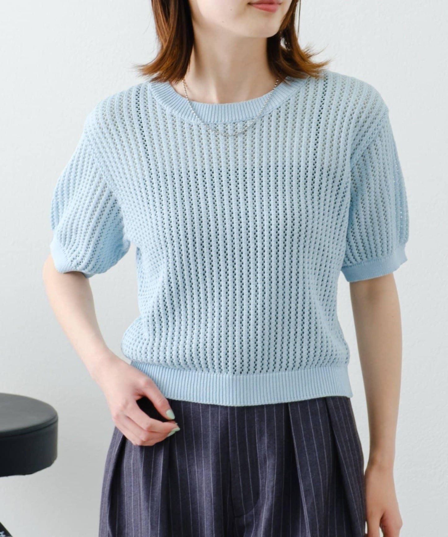 【柳樹】透孔編織緊身短袖針織衫