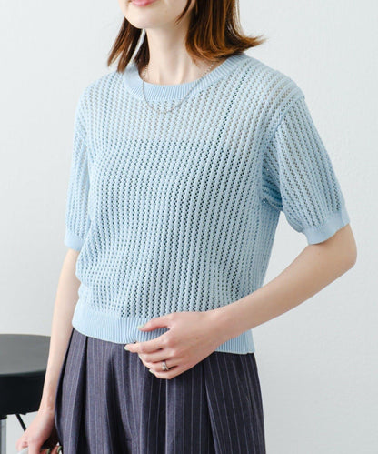 【柳樹】透孔編織緊身短袖針織衫