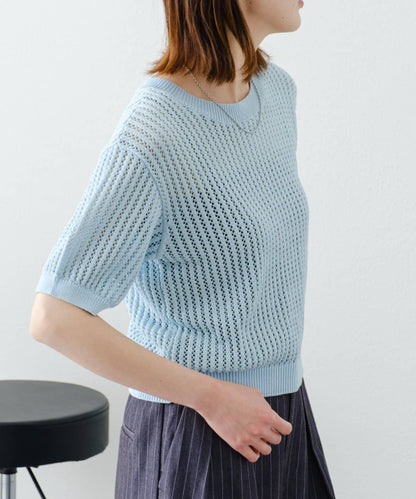 【柳樹】透孔編織緊身短袖針織衫