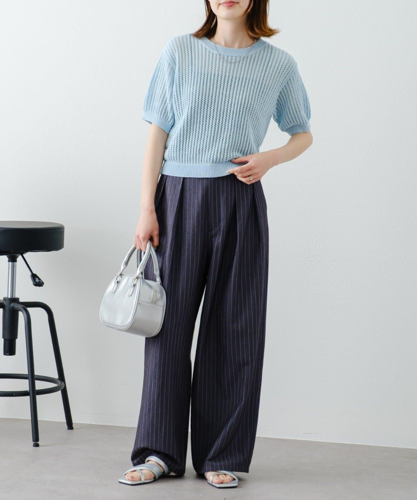 【柳樹】透孔編織緊身短袖針織衫