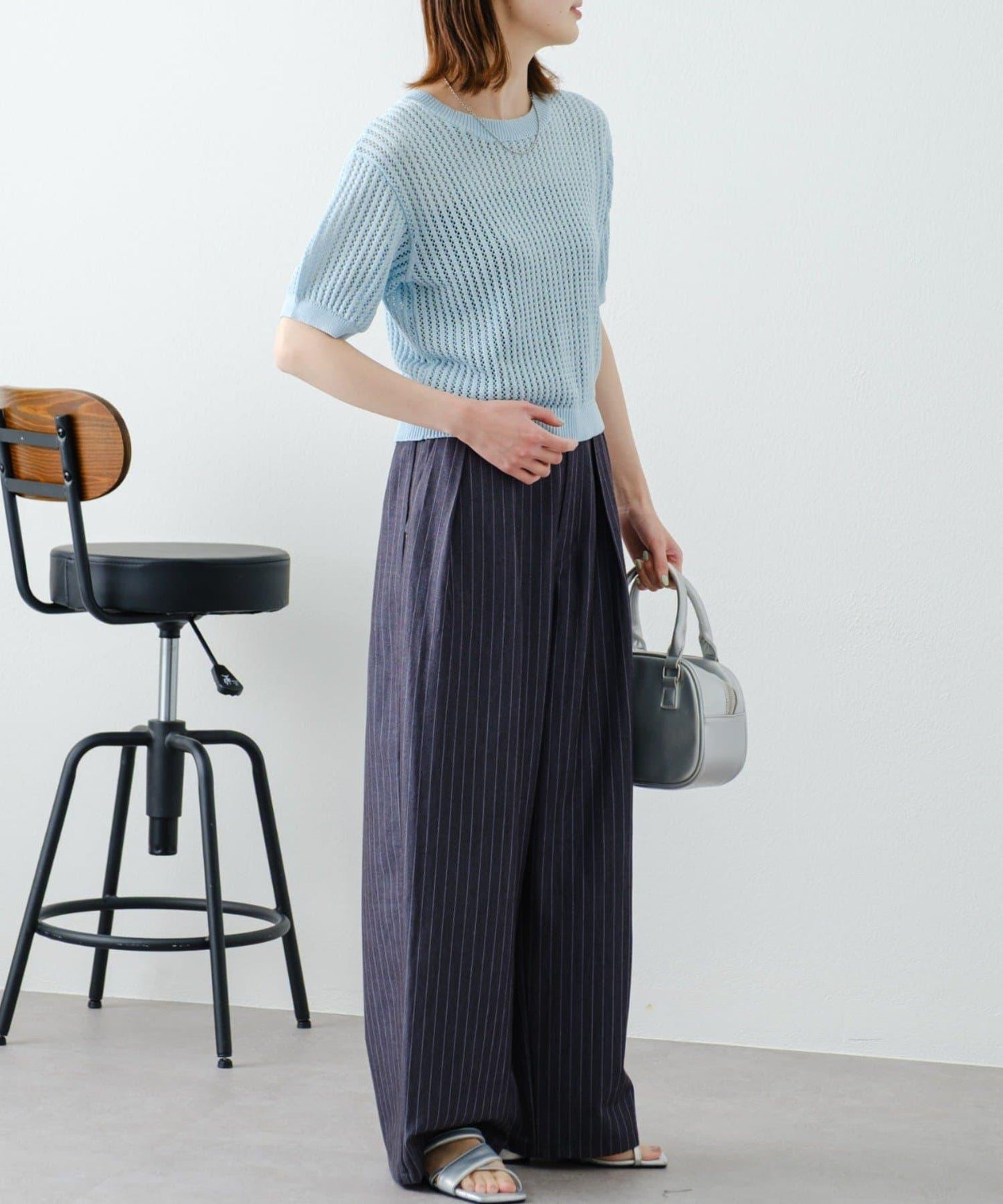 【柳樹】透孔編織緊身短袖針織衫