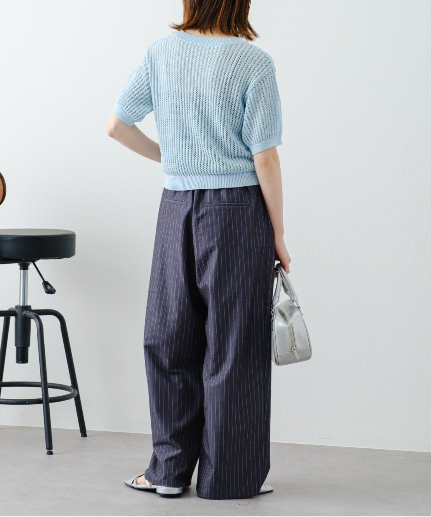 【柳樹】透孔編織緊身短袖針織衫