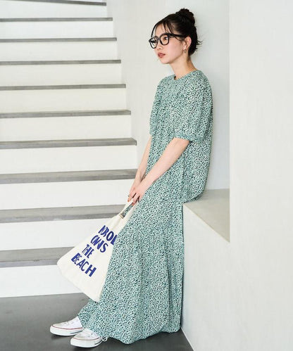 花卉圖案 長款 短袖 連衣裙