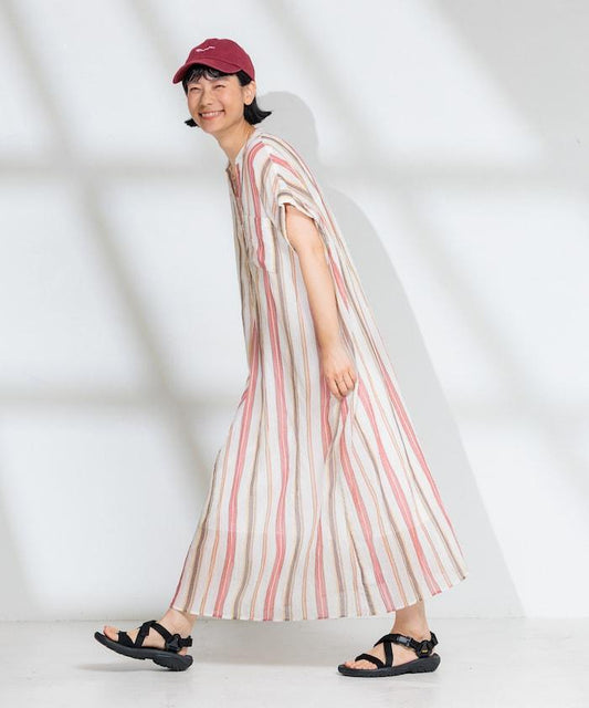 印度棉褶皺亨利領連衣裙