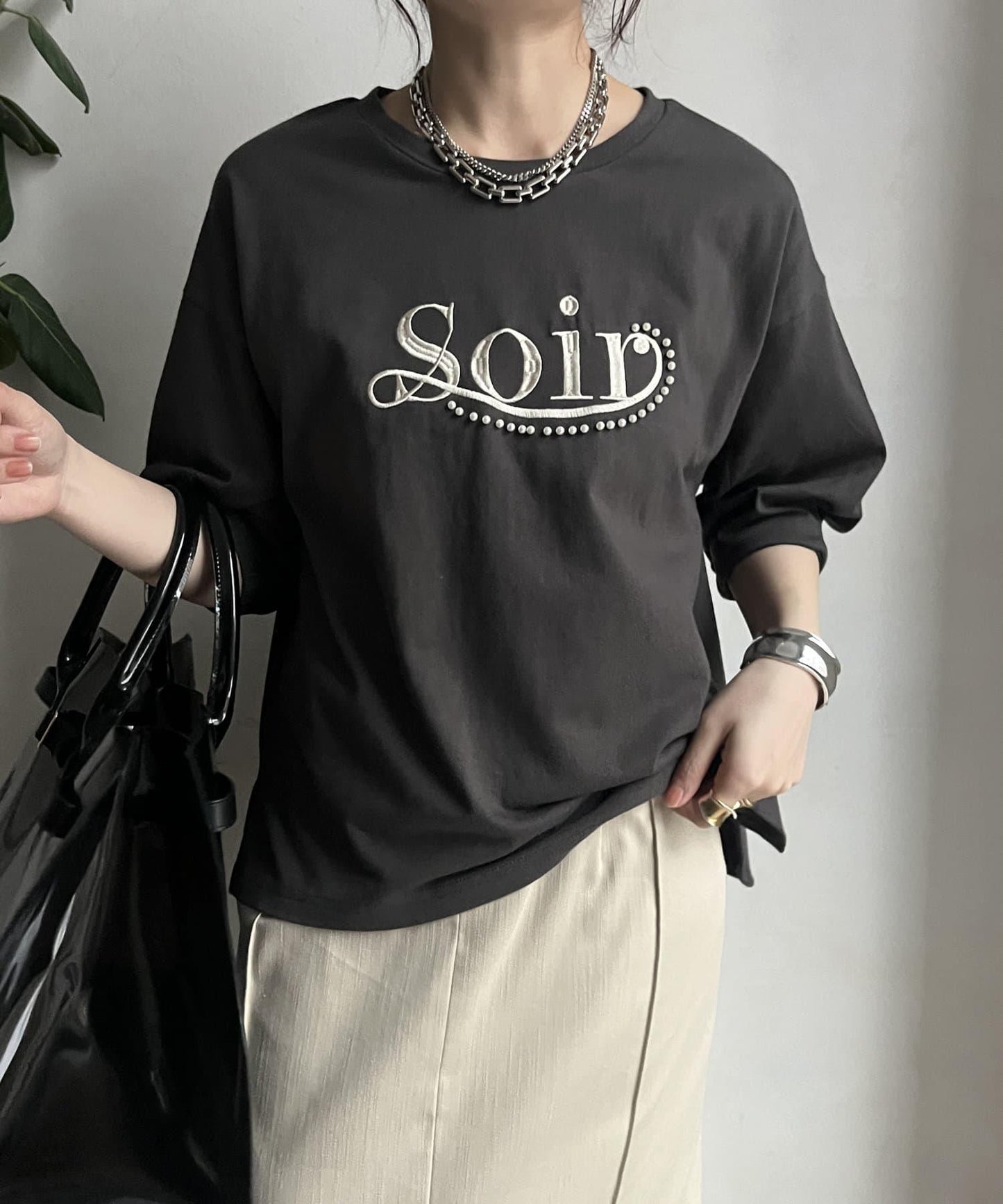 【限定】珍珠logo刺繡褶皺袖套頭衫