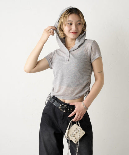 透視亨利領短袖帽衫