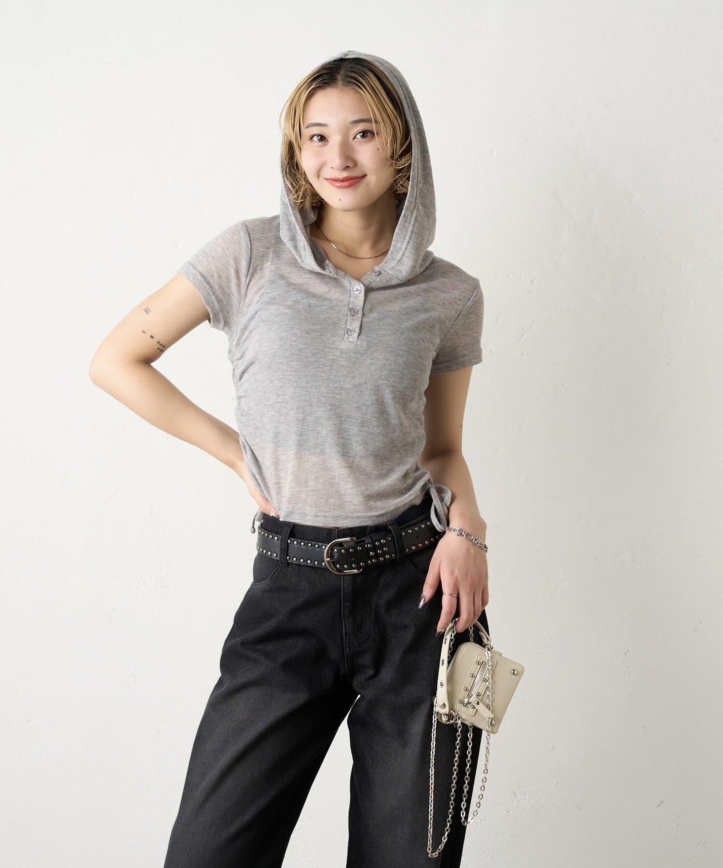 透視亨利領短袖帽衫