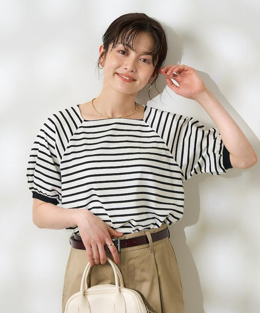氣球袖 方領 條紋T恤