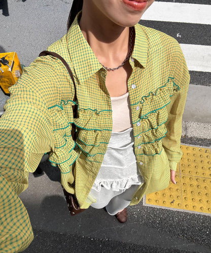 荷葉邊拼接上衣