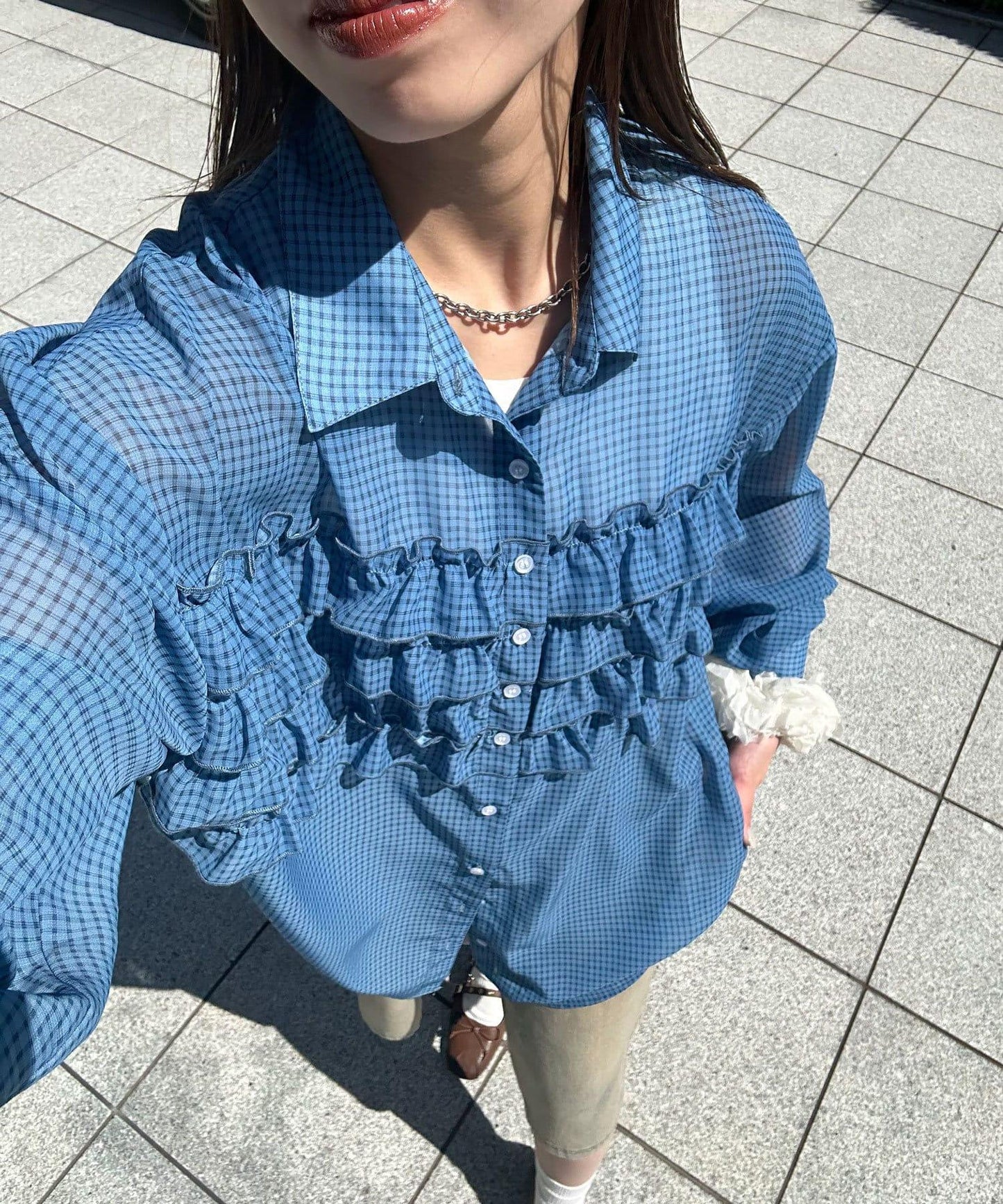 荷葉邊拼接上衣
