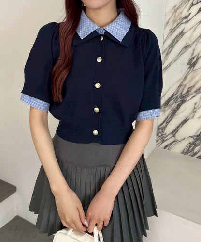 襟子可拆卸/重疊領半袖針織衫