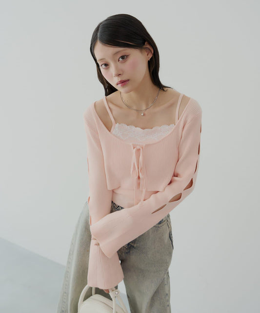 【Chico】短款開衫+蕾絲背心套裝