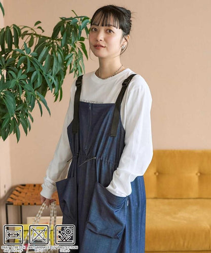 前拉鍊連衣裙 牛仔風/斑馬