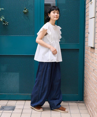 亞麻混紡弧形休閒褲