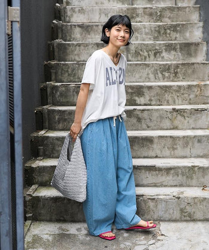 亞麻混紡弧形休閒褲
