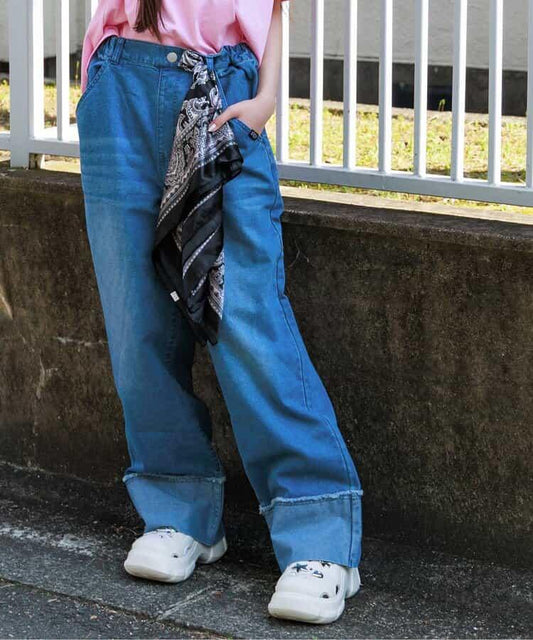【冰感觸感】牛仔褲翻邊寬鬆褲