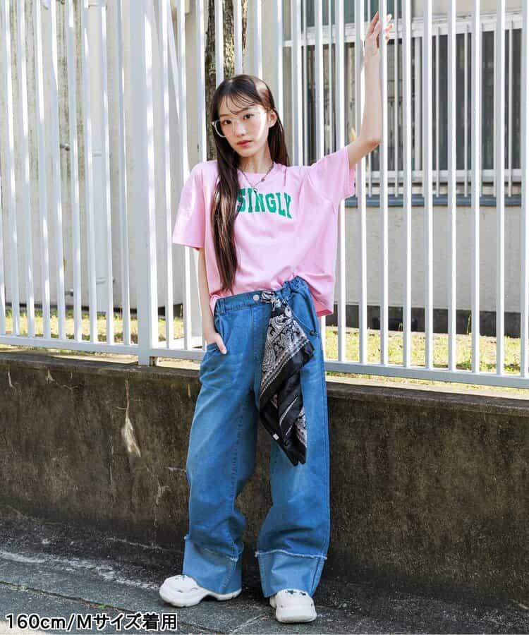 【冰感觸感】牛仔褲翻邊寬鬆褲