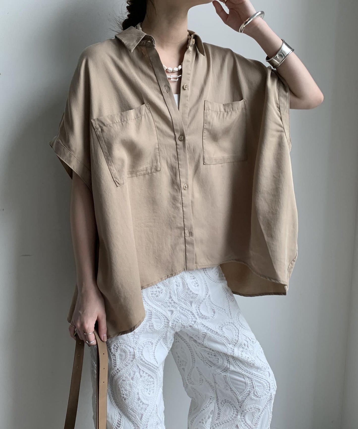 【限定】人造絲×喬其特拼接襯衫