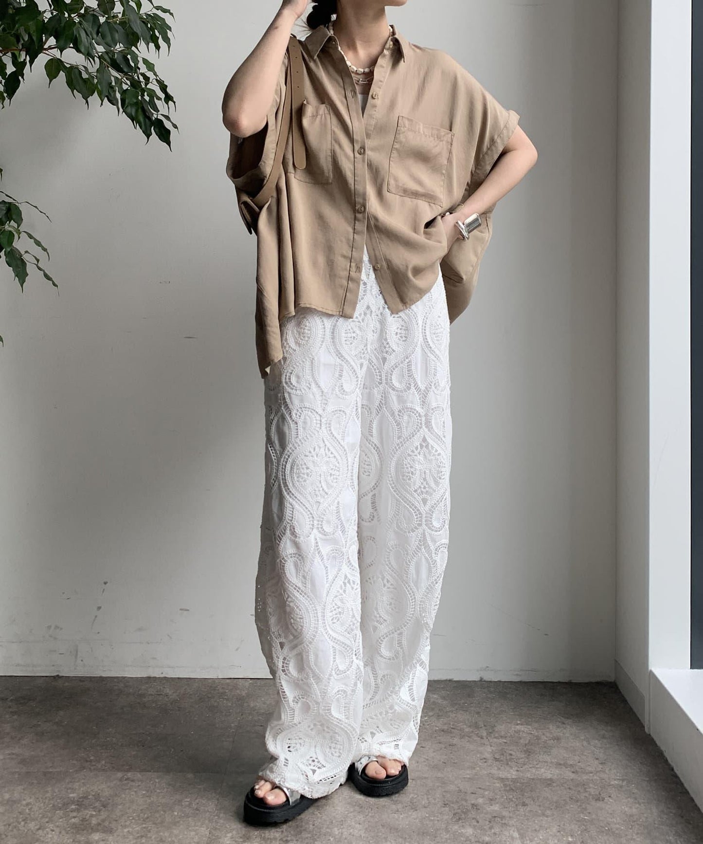 【限定】人造絲×喬其特拼接襯衫