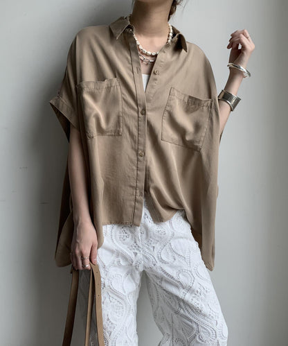 【限定】人造絲×喬其特拼接襯衫