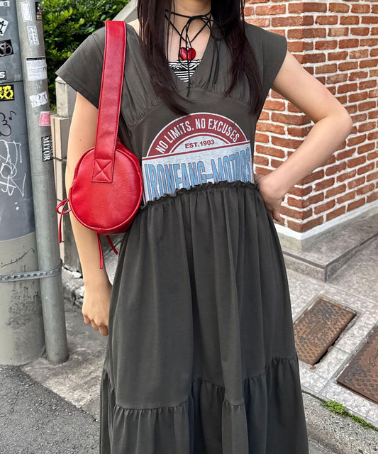 剪裁logo荷葉邊長款連衣裙
