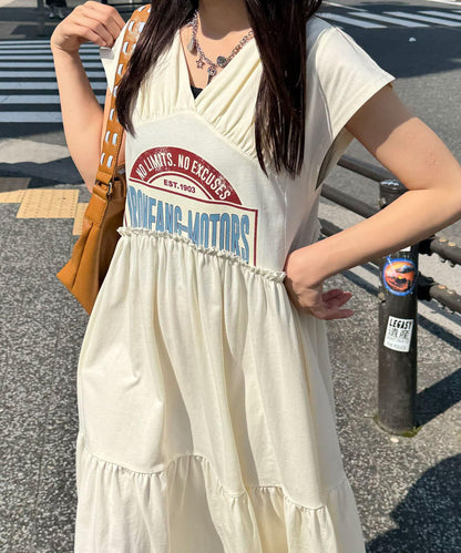 剪裁logo荷葉邊長款連衣裙