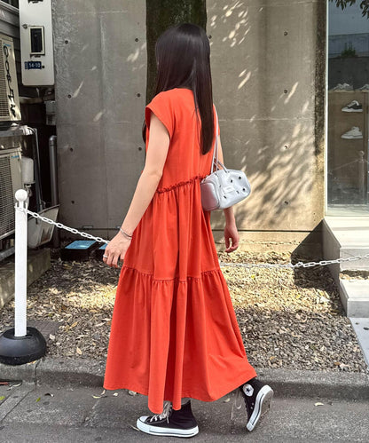 剪裁logo荷葉邊長款連衣裙