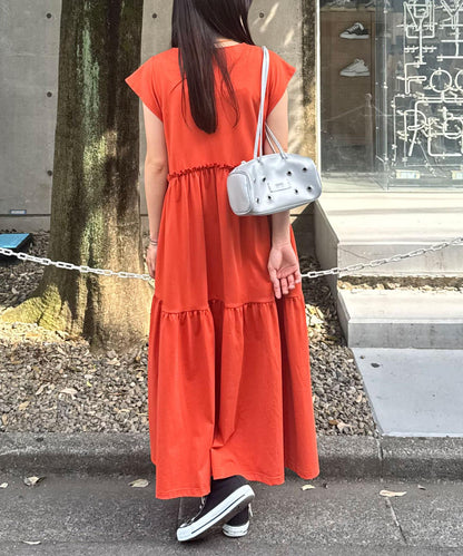 剪裁logo荷葉邊長款連衣裙