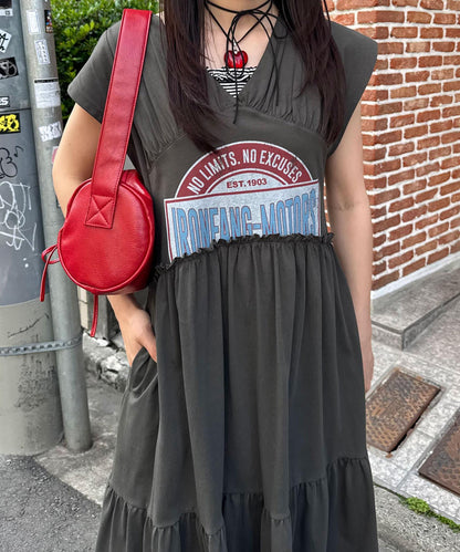 剪裁logo荷葉邊長款連衣裙
