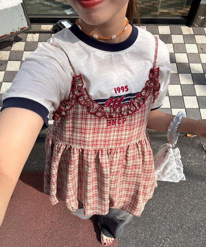 荷葉邊格紋氣球吊帶背心