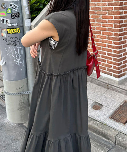 剪裁logo荷葉邊長款連衣裙