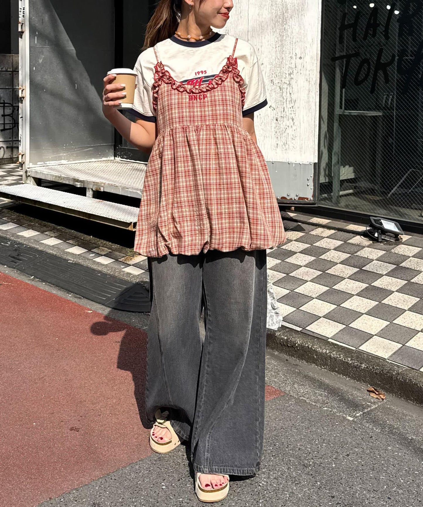 荷葉邊格紋氣球吊帶背心