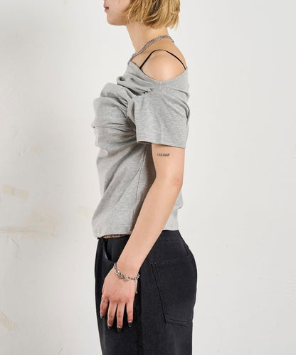 荷葉邊露肩短袖上衣