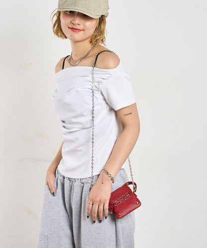 荷葉邊露肩短袖上衣